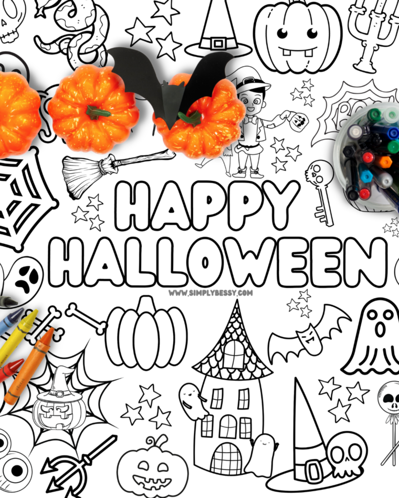 crayons and markers on printable halloween tablecloth