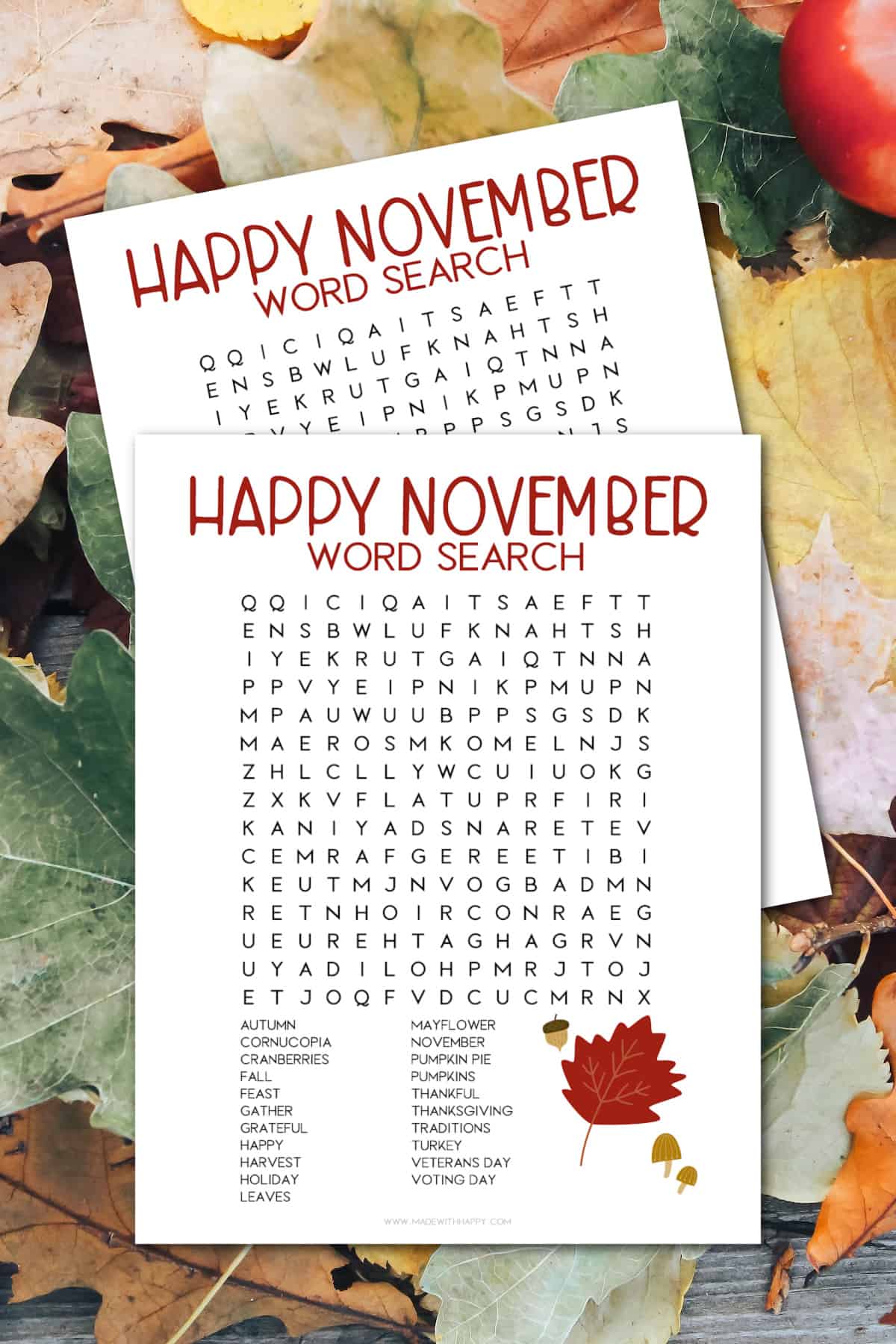 Free Printable November Word Search
