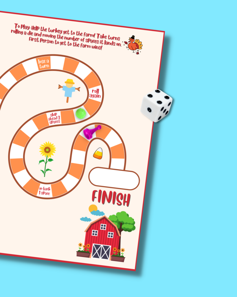 free printable thanksgiving board game for kids with game pieces and die