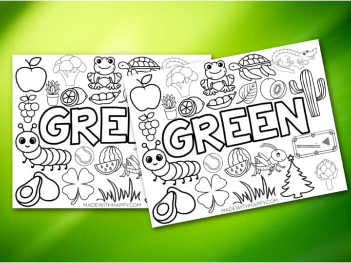 Two identical coloring pages with the word GREEN, surrounded by outlined images of fruits, vegetables, insects, plants, and other objects—perfect for pairing alongside a red coloring page. The background features a soft green gradient.