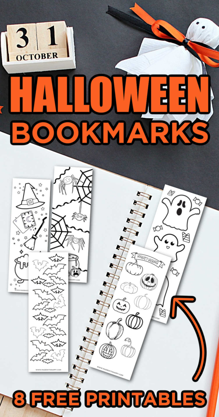 halloween printable bookmarks - different designs including bat bookmarks, cat bookmarks, ghost bookmarks, pumpkin bookmarks and more.