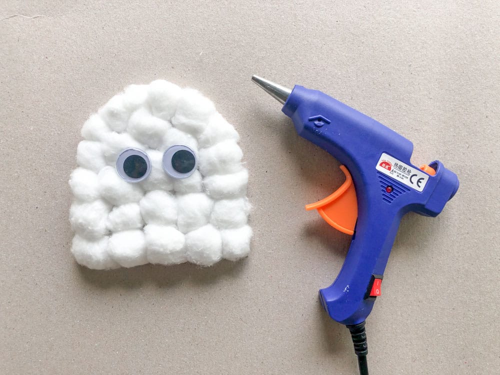 hot glue eyes on cotton ball ghost