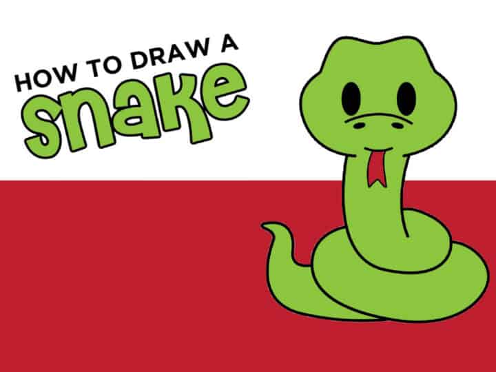 Illustration of a cute green snake with a red tongue on a red and white background. The top left corner has the text How to Draw a Snake in bold, playful letters.