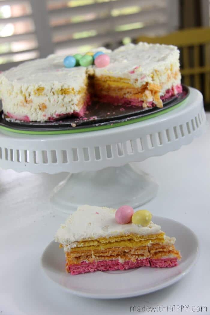 Spring Rainbow Icebox Cake | Easter Dessert | Bright Colored Icebox Cake | Cream Cheese Cake | www.madewithHAPPY.com