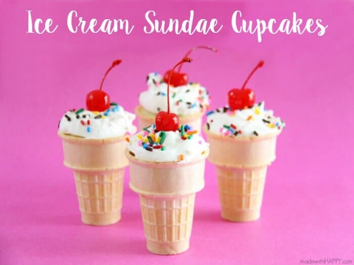 Ice cream sundae cupcakes | Cupcakes in an ice cream cone | Ice Cream Parlor Party | Ice Cream Sundae Party Ideas | Fun cupcake ideas | www.madewithhappy.com