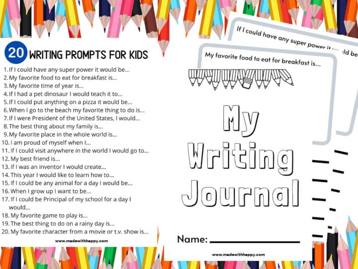 A colorful writing journal cover for kids features a border of illustrated colored pencils, the title My Writing Journal, space for a name, and a list of 20 fun Journal Questions For Kids, such as My favorite food to eat for breakfast is...
