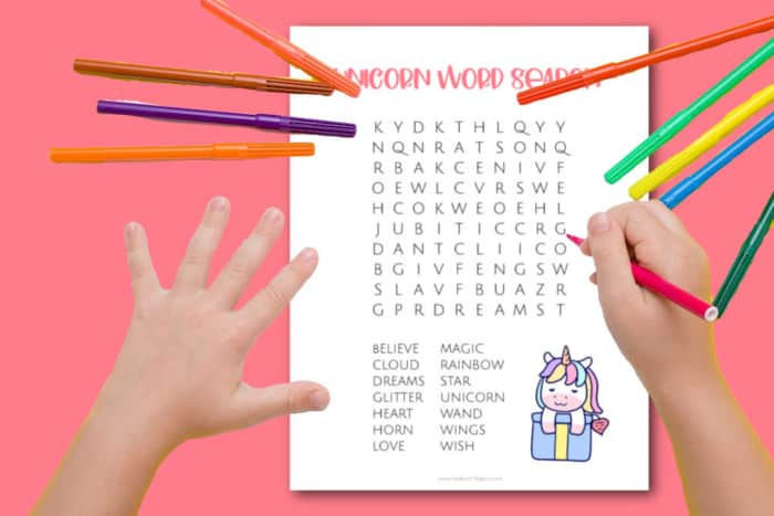 kid word search unicorn