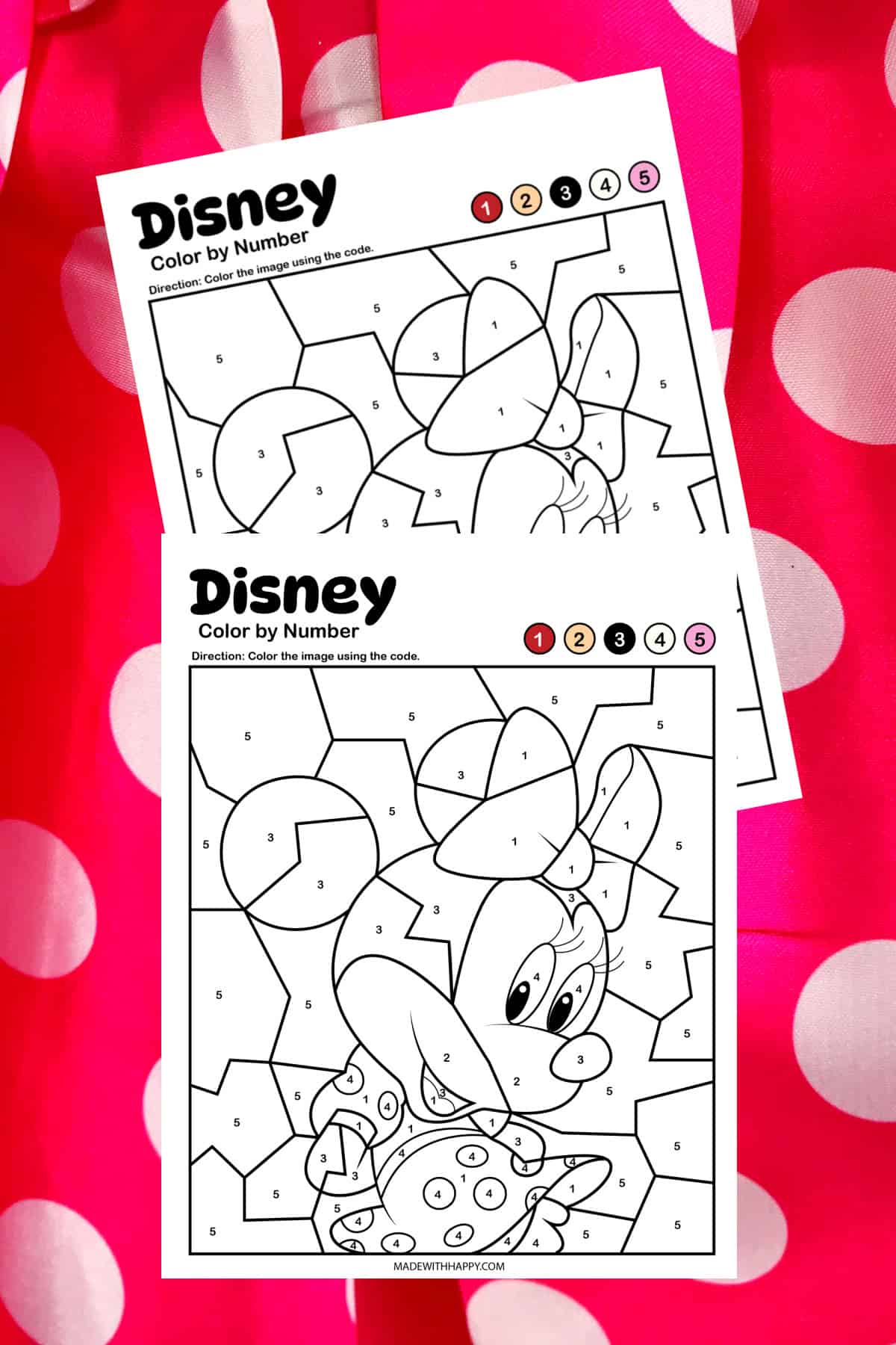 Two Disney color-by-number worksheets featuring Daisy Duck, placed on a bright pink cloth with large white polka dots. Each worksheet has a numbered color code and a picture of Daisy Duck to color.