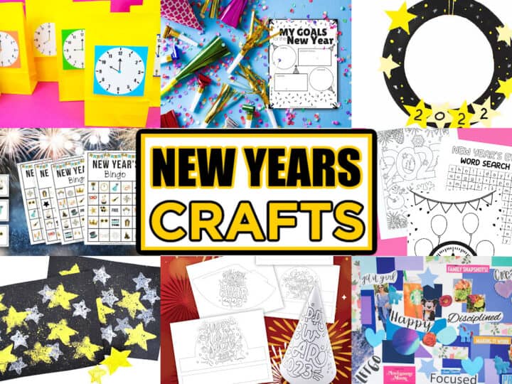 A collage featuring various colorful New Years crafts, including bingo cards, hats, resolutions chart, wreaths, word search, and star decorations. A bold New Years Crafts label is centered in yellow and black.