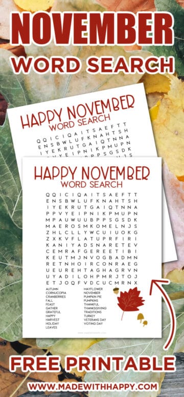 November Word Search Printable - Made with HAPPY