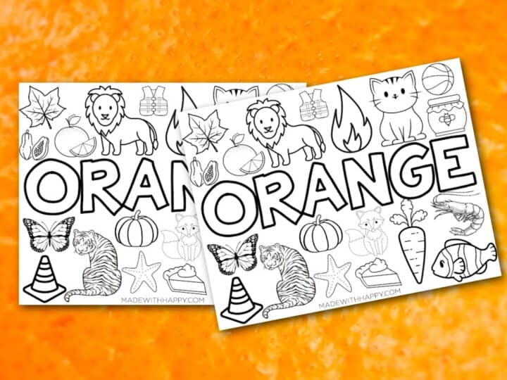Two orange coloring pages feature the word ORANGE surrounded by line drawings of a lion, tiger, cat, butterfly, pumpkin, carrot, fire, traffic cone, and autumn leaves on an orange textured background.