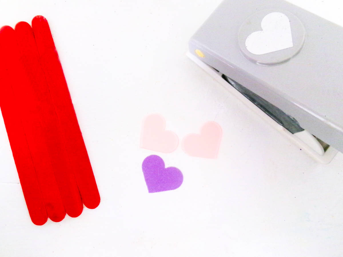 paint craft sticks and cut out hearts