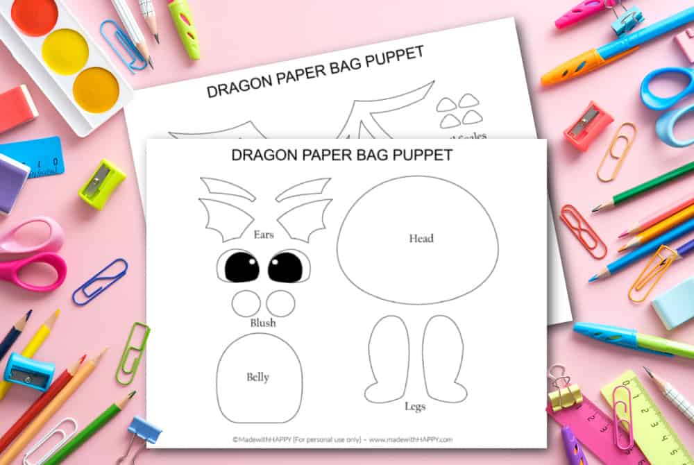 printable dragon paper bag puppet template