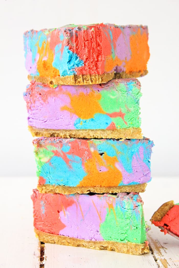 stacked pieces of tie dye cheesecake