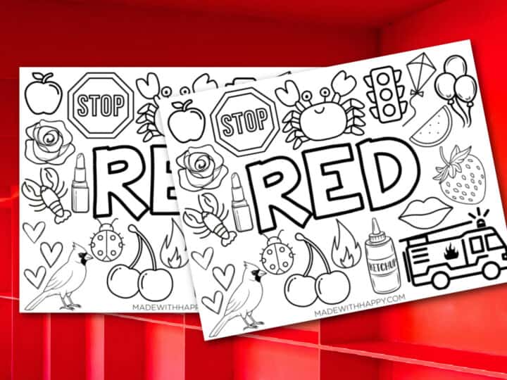 Coloring pages featuring the word RED surrounded by outlined images like a stop sign, apple, rose, lipstick, cherries, ketchup, and a fire truck, all on a vibrant red background.