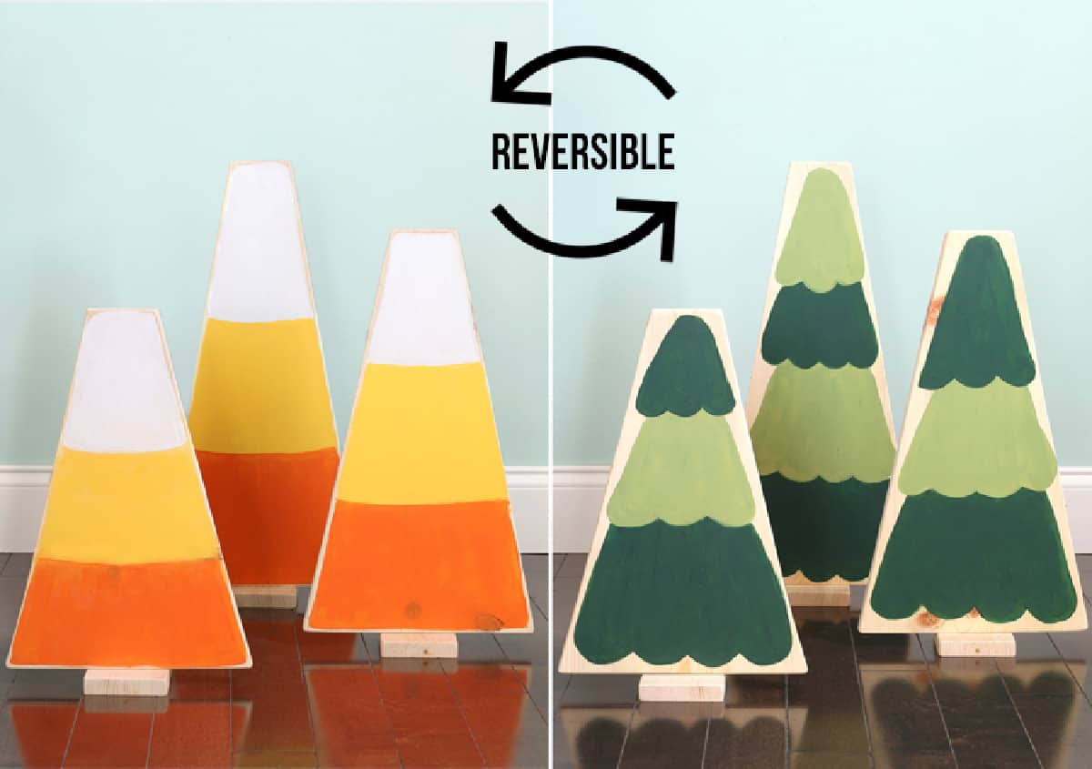 Reversible Candy Corn and Christmas Tree decoration