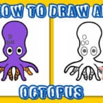 Side-by-side images show a colored and an outlined cartoon octopus, with a hand drawing the outline. Text at the top reads How To Draw an Octopus, making it easy for beginners to follow along.