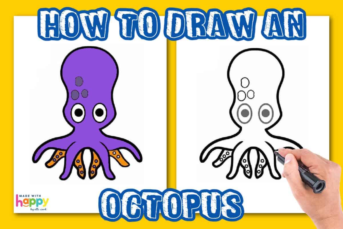 Side-by-side images show a colored and an outlined cartoon octopus, with a hand drawing the outline. Text at the top reads How To Draw an Octopus, making it easy for beginners to follow along.