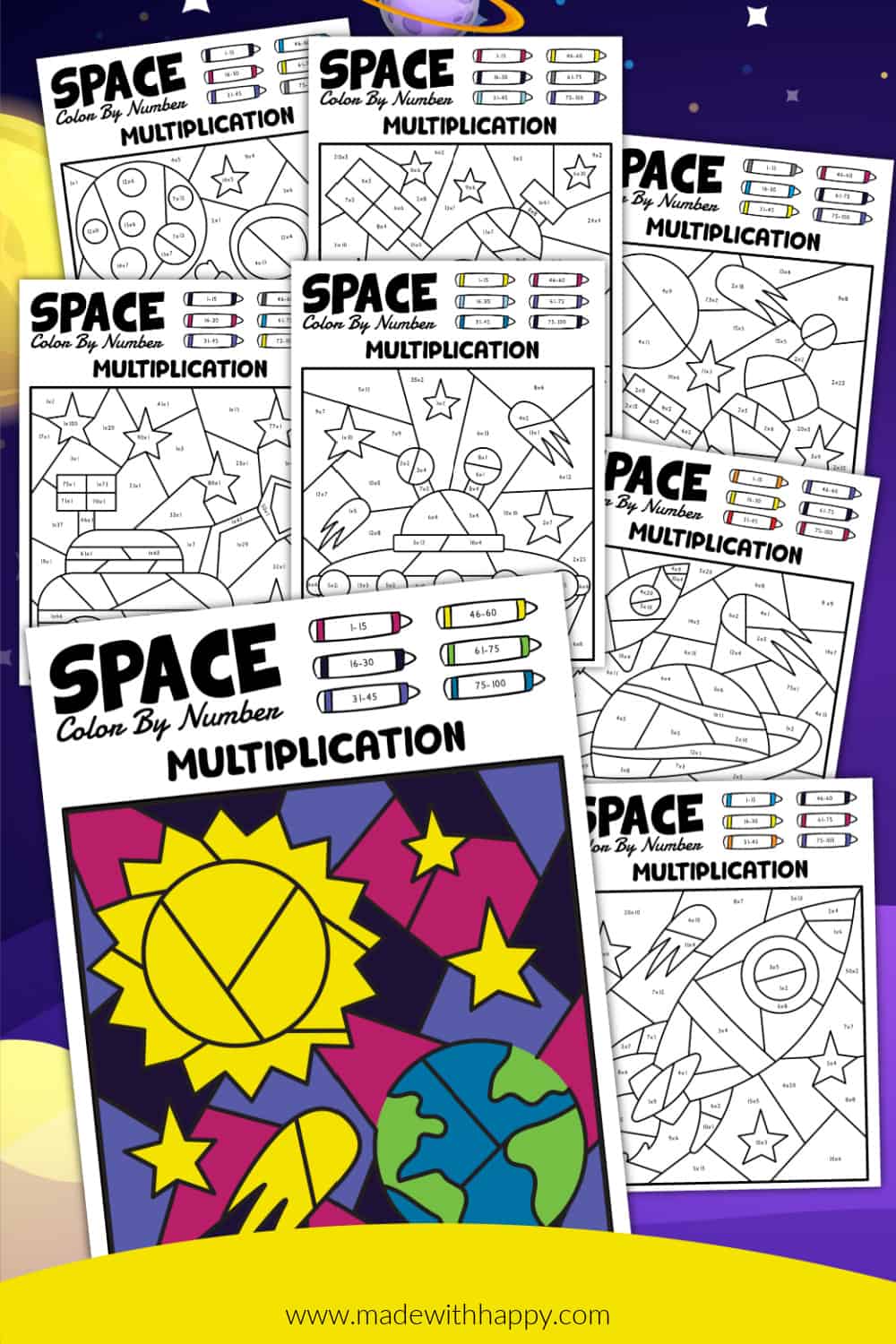 different color space color by number code worksheets