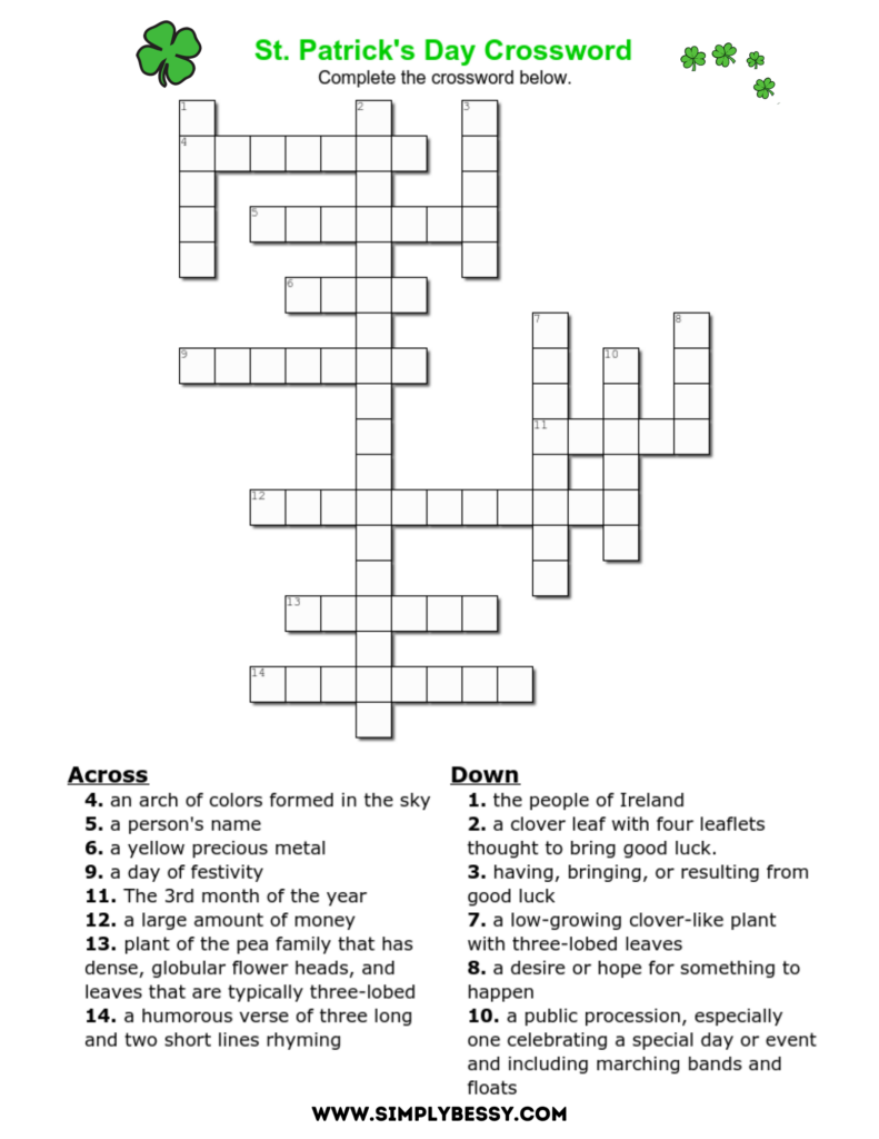 st patrick's day crossword puzzle worksheet