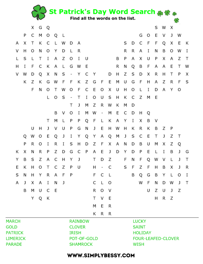 st patrick's day word search worksheet