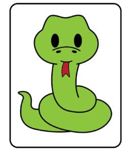 A cartoon drawing of a green snake with large eyes and a small red forked tongue sticking out. It is coiled and framed by a black border.