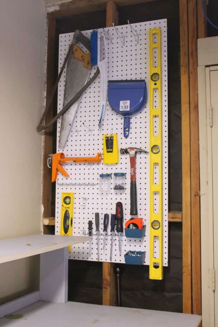 Tool Bench Organization | Getting your Garage Organized | Garage Peg Board | www.madewithHAPPY.com