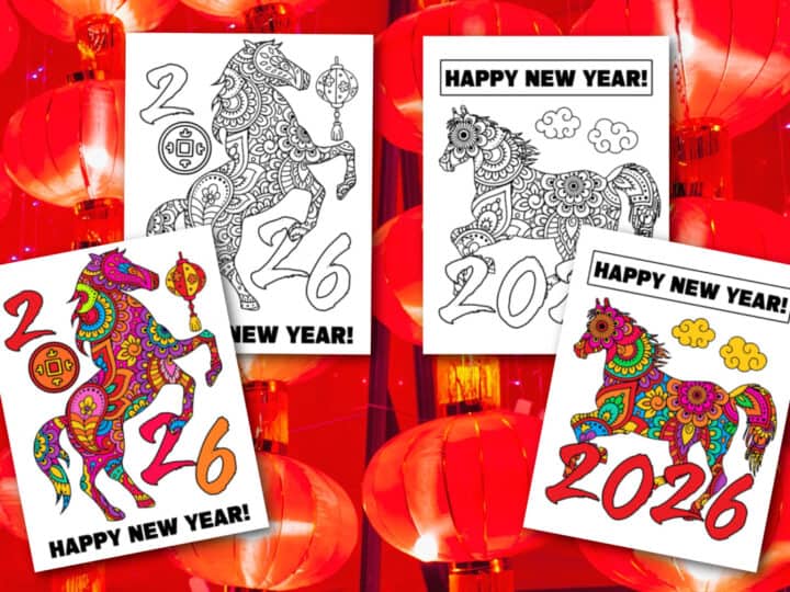 Four Happy New Year 2026 cards featuring ornate horse illustrations, two in black and white and two colored, are displayed against a backdrop of glowing red lanterns, celebrating both the year of the tiger and festive tradition.
