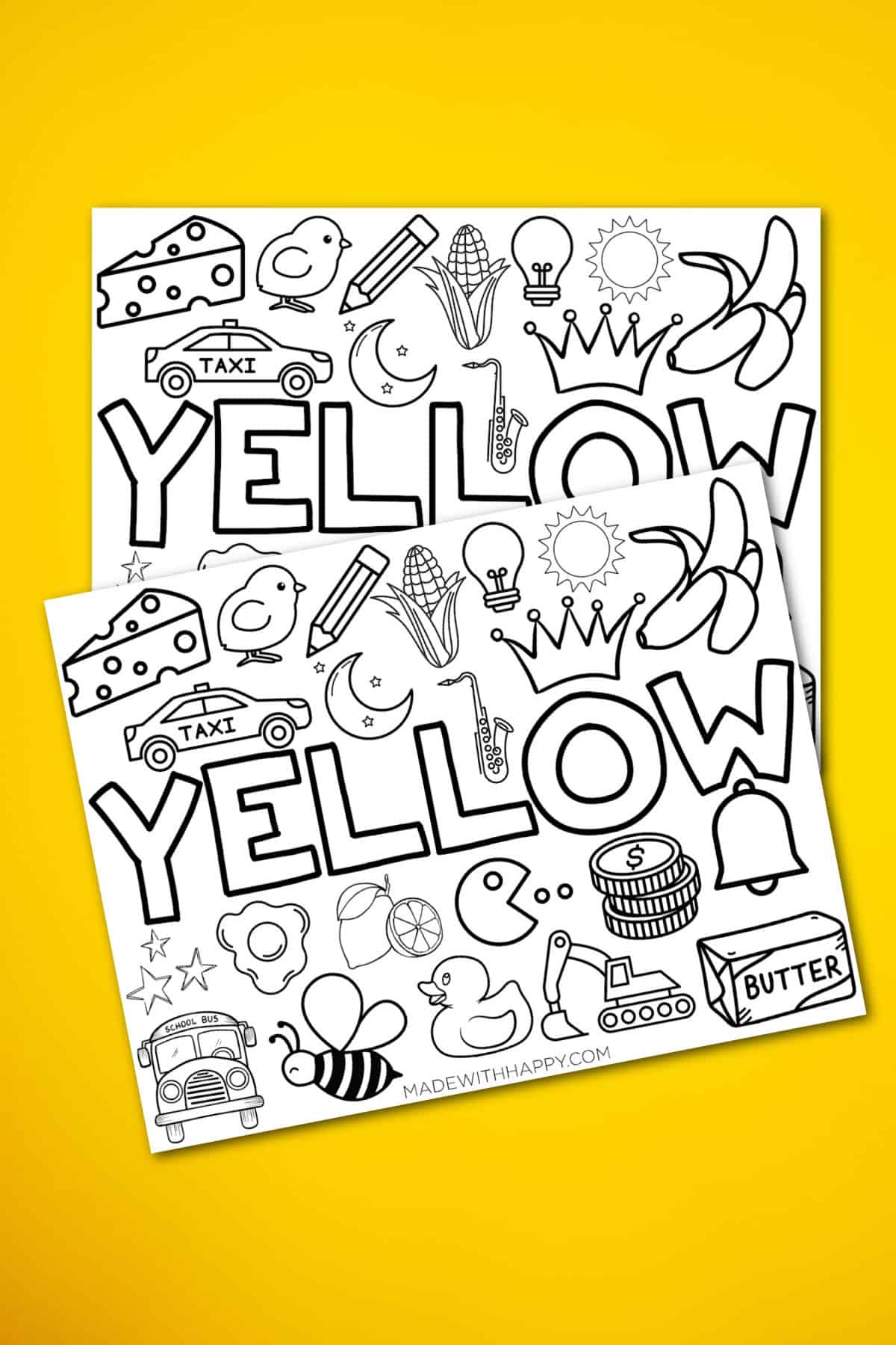 Two coloring pages with the word YELLOW surrounded by black-and-white drawings of yellow objects—like cheese, a taxi, bananas, and more—on a yellow background. Pair with an orange coloring page for exploring bright colors!.