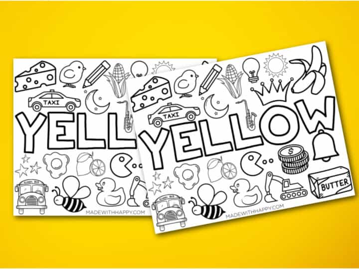 Two coloring pages with “YELLOW” in large bubble letters, surrounded by outlined images like cheese, a taxi, a crown, and more yellow objects—perfect to pair with an orange coloring page for learning colors on a bright yellow background.